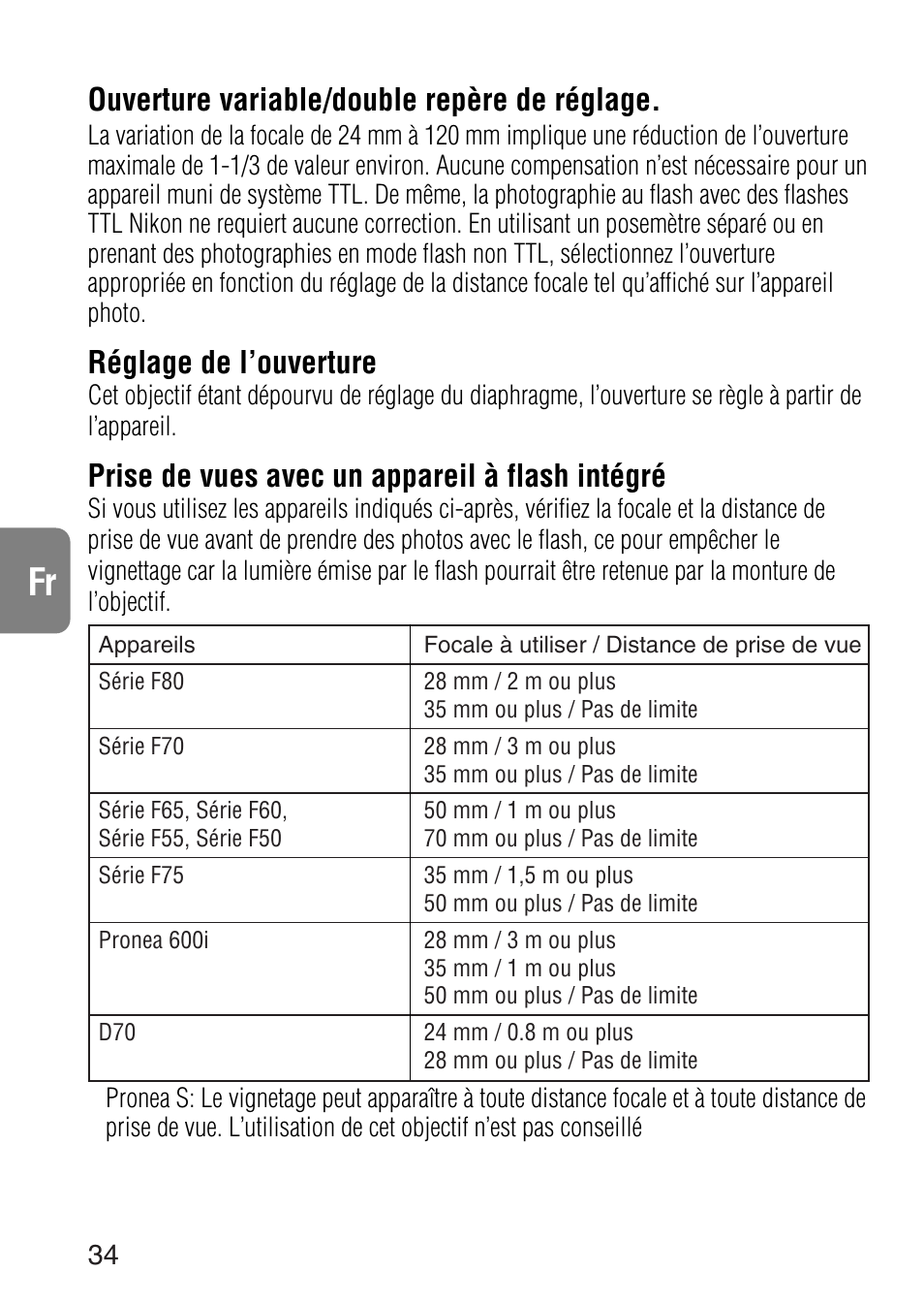 Ouverture variable/double repère de réglage, Réglage de l’ouverture, Prise de vues avec un appareil à flash intégré | Nikon 24-120mm-f-35-56G-ED-IF-AF-S-VR-Zoom User Manual | Page 34 / 71