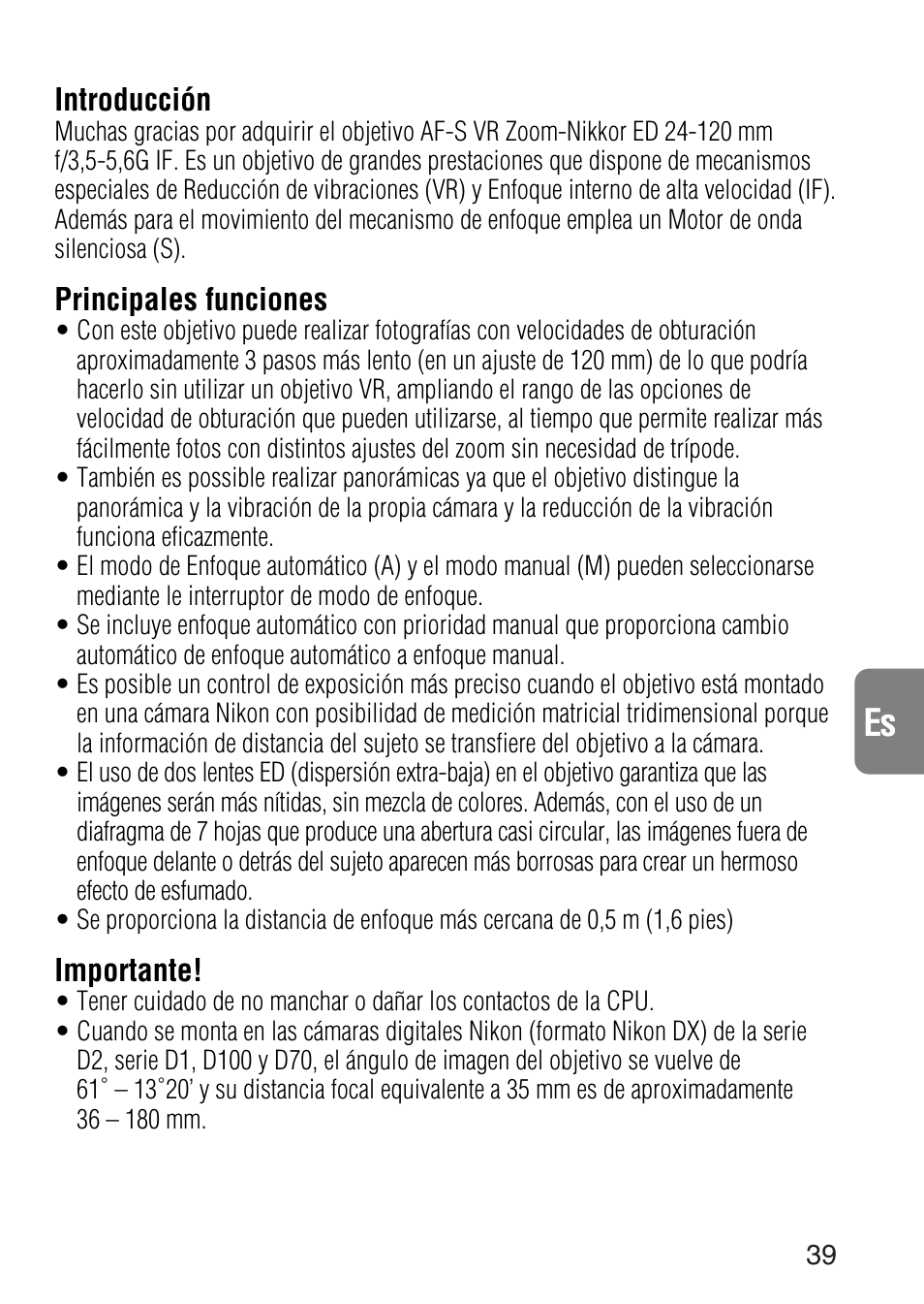 Introducción, Principales funciones, Importante | Nikon 24-120mm-f-35-56G-ED-IF-AF-S-VR-Zoom User Manual | Page 39 / 71