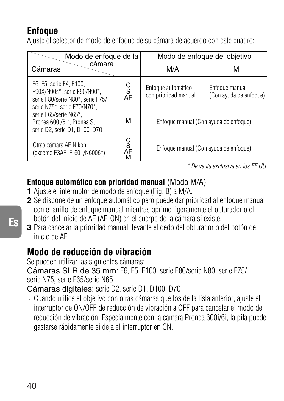 Enfoque, Modo de reducción de vibración | Nikon 24-120mm-f-35-56G-ED-IF-AF-S-VR-Zoom User Manual | Page 40 / 71