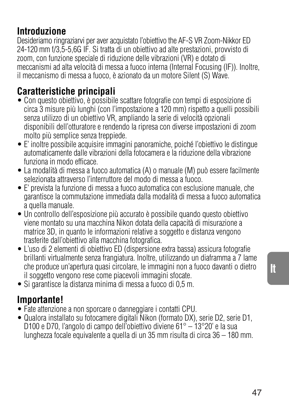 Introduzione, Caratteristiche principali, Importante | Nikon 24-120mm-f-35-56G-ED-IF-AF-S-VR-Zoom User Manual | Page 47 / 71