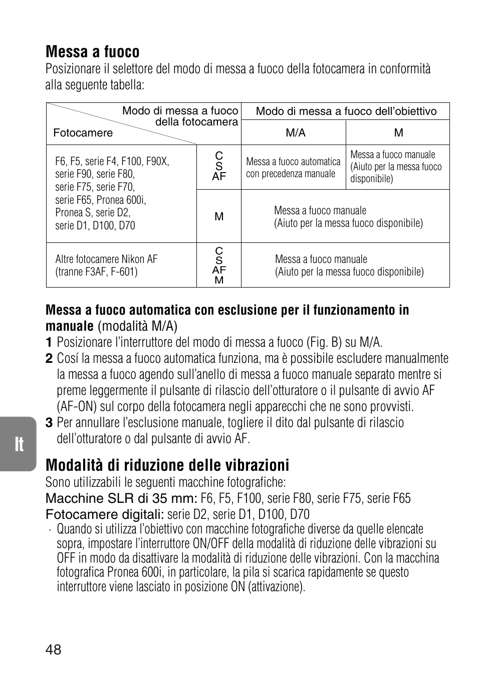 Messa a fuoco, Modalità di riduzione delle vibrazioni | Nikon 24-120mm-f-35-56G-ED-IF-AF-S-VR-Zoom User Manual | Page 48 / 71