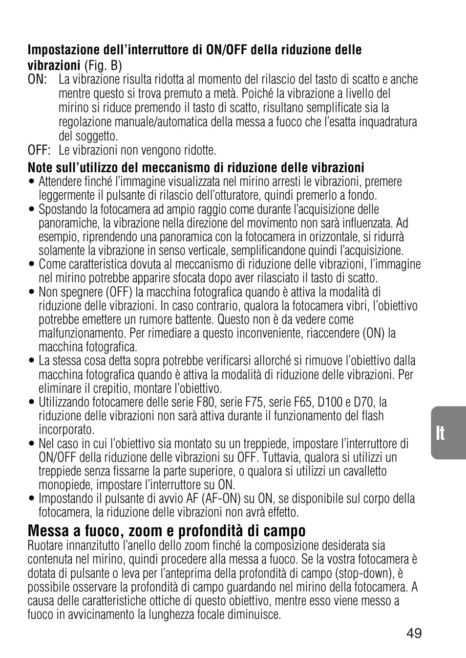 Messa a fuoco, zoom e profondità di campo | Nikon 24-120mm-f-35-56G-ED-IF-AF-S-VR-Zoom User Manual | Page 49 / 71