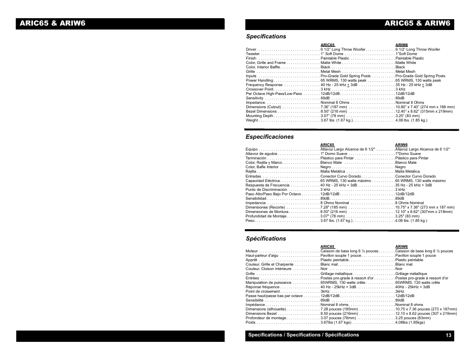 Specifications / specifications / spécifications, Specifications, Spécifications | Especificaciones, Aric65 & ariw6 | Audiovox ARIC65 User Manual | Page 2 / 8