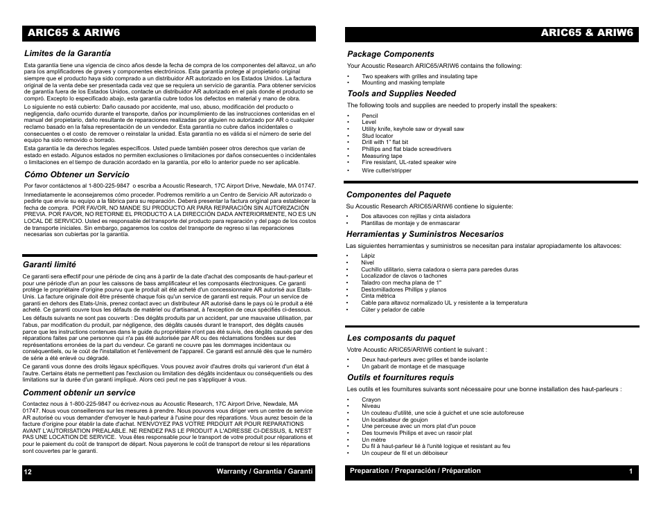 Package components, Tools and supplies needed, Les composants du paquet | Outils et fournitures requis, Componentes del paquete, Herramientas y suministros necesarios, Preparation / preparación / préparation, Limites de la garantía, Cómo obtener un servicio, Garanti limité | Audiovox ARIC65 User Manual | Page 3 / 8