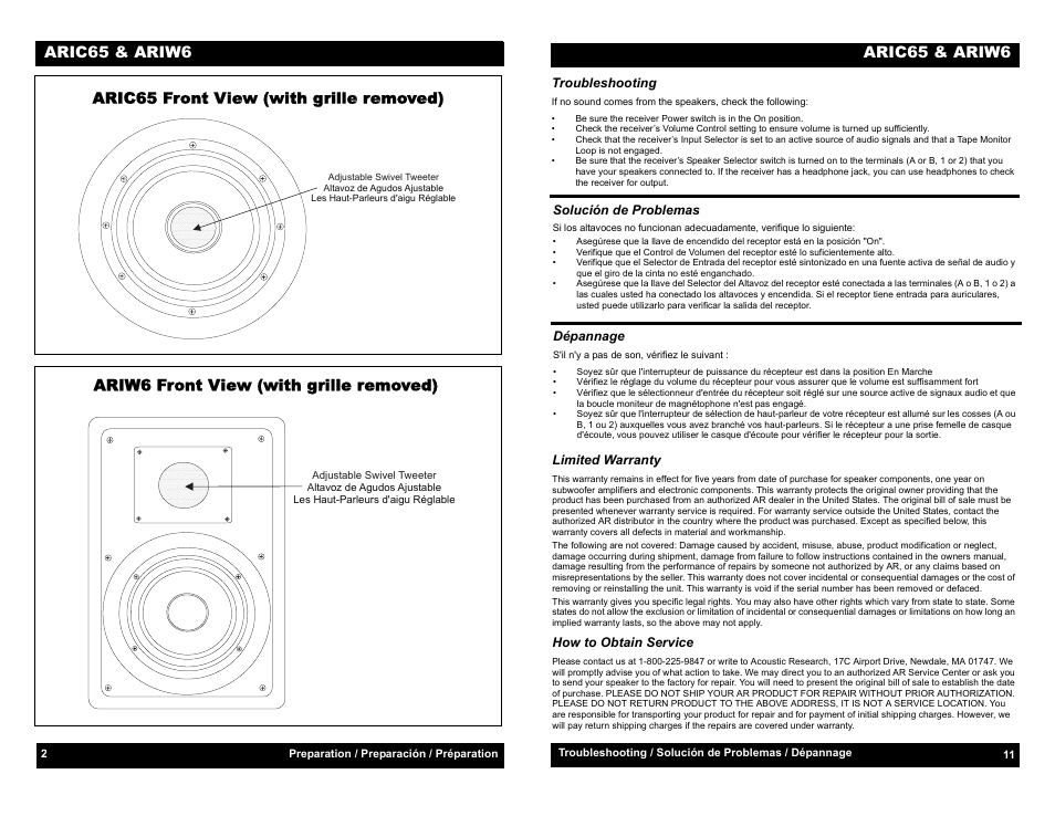 Aric65 front view (with grille removed), Ariw6 front view (with grille removed), Limited warranty | How to obtain service, Troubleshooting, Solución de problemas, Dépannage, Preparation / preparación / préparation, Aric65 & ariw6 | Audiovox ARIC65 User Manual | Page 4 / 8