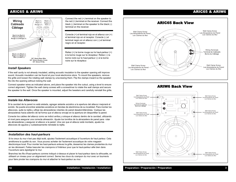 Aric65 back view, Ariw6 back view, Install speakers | Instale los altavoces, Installation des haut-parleurs, Preparation / preparación / préparation, Installation / instalación / installation, Aric65 & ariw6, Aric65 back view ariw6 back view, Wiring cableado câblage | Audiovox ARIC65 User Manual | Page 5 / 8