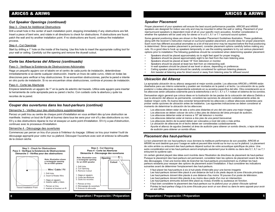 Preparation / preparación / préparation, Speaker placement, Placement des haut-parleurs | Ubicación del altavoz, Cut speaker openings (continued), Corte las aberturas del altavoz (continuado), Aric65 & ariw6 | Audiovox ARIC65 User Manual | Page 7 / 8