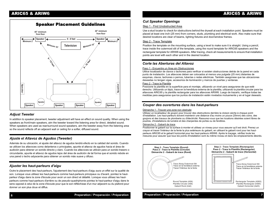 Adjust tweeter, Ajuste el altavoz de agudos (tweeter), Ajuster les haut-parleurs d'aigu | Speaker placement guidelines, Cut speaker openings, Corte las aberturas del altavoz, Couper des ouvertures dans les haut-parleurs, Preparation / preparación / préparation, Aric65 & ariw6 | Audiovox ARIC65 User Manual | Page 8 / 8