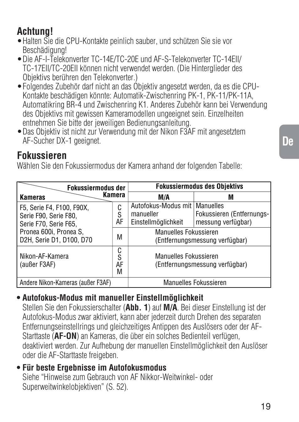 Ch jp en de fr es it ck, Achtung, Fokussieren | Nikon 17-35mm-f-28D-ED-IF-AF-S-Zoom-Nikkor User Manual | Page 19 / 60