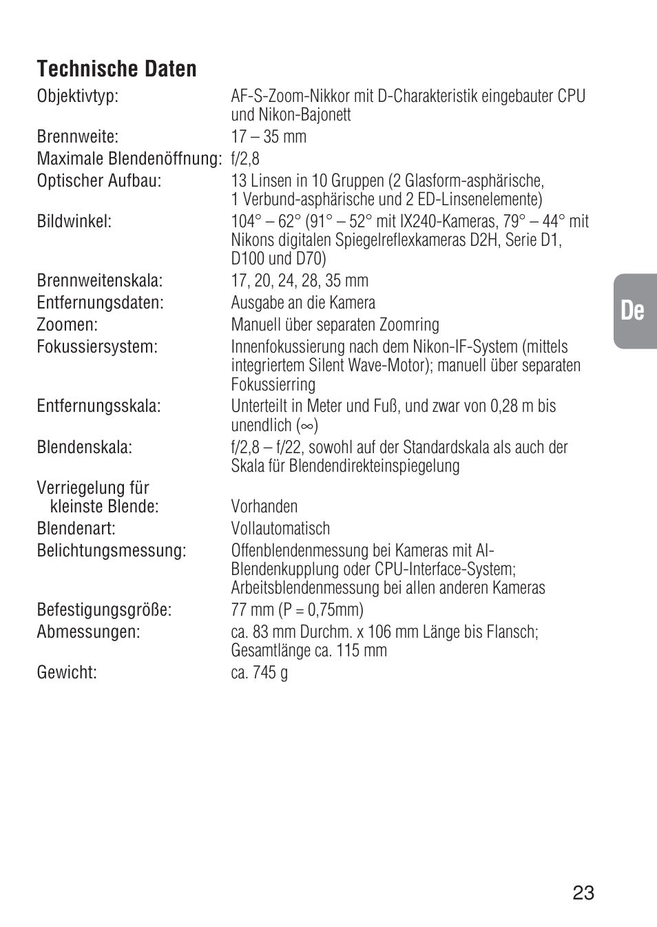 Ch jp en de fr es it ck, Technische daten | Nikon 17-35mm-f-28D-ED-IF-AF-S-Zoom-Nikkor User Manual | Page 23 / 60