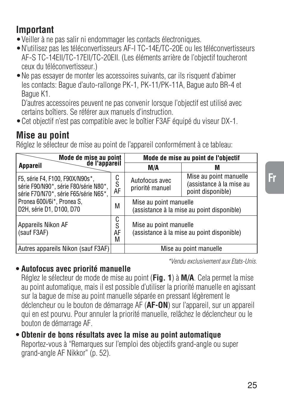Ch jp en de fr es it ck, Important, Mise au point | Nikon 17-35mm-f-28D-ED-IF-AF-S-Zoom-Nikkor User Manual | Page 25 / 60