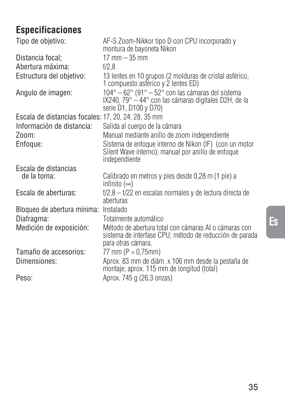 Ch jp en de fr es it ck, Especificaciones | Nikon 17-35mm-f-28D-ED-IF-AF-S-Zoom-Nikkor User Manual | Page 35 / 60