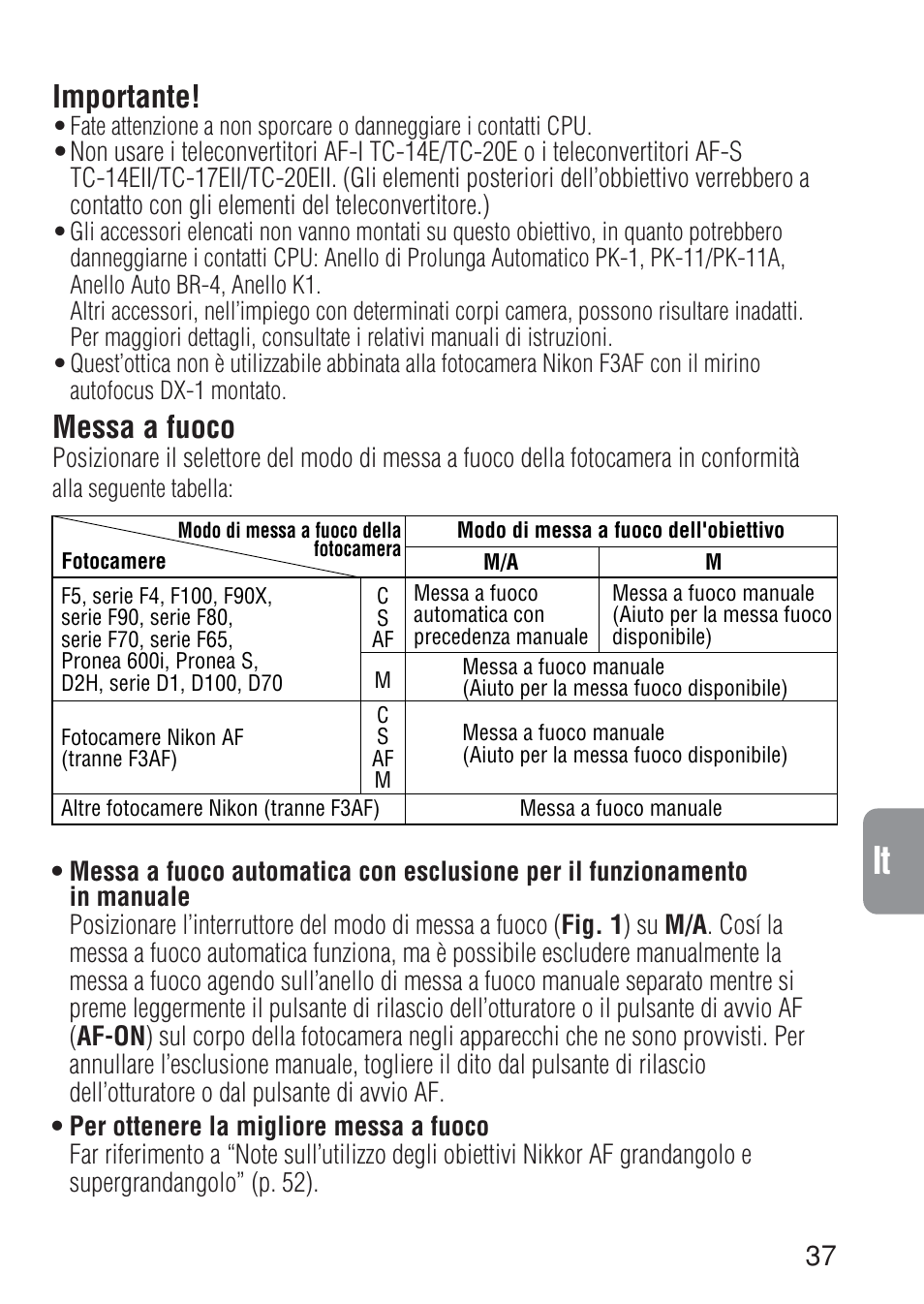 Ch jp en de fr es it ck, Importante, Messa a fuoco | Nikon 17-35mm-f-28D-ED-IF-AF-S-Zoom-Nikkor User Manual | Page 37 / 60