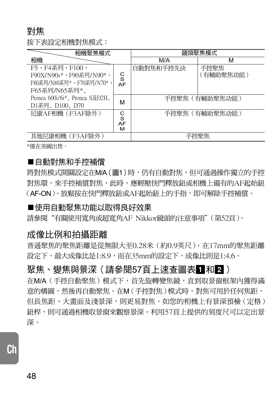 成像比例和拍攝距離, 聚焦、變焦與景深（請參閱57頁上速查圖表 1和2, 自動對焦和手控補償 | 使用自動聚焦功能以取得良好效果 | Nikon 17-35mm-f-28D-ED-IF-AF-S-Zoom-Nikkor User Manual | Page 48 / 60