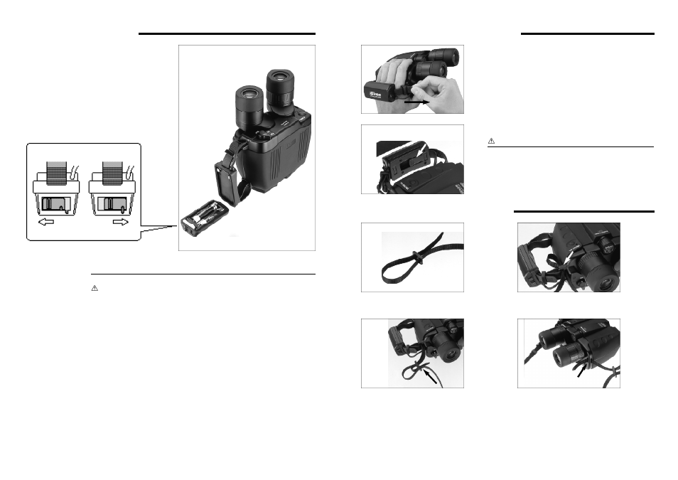 Battery installation, How to use the handstrap, Installing the neckstrap | Nikon StabilEyes User Manual | Page 10 / 33