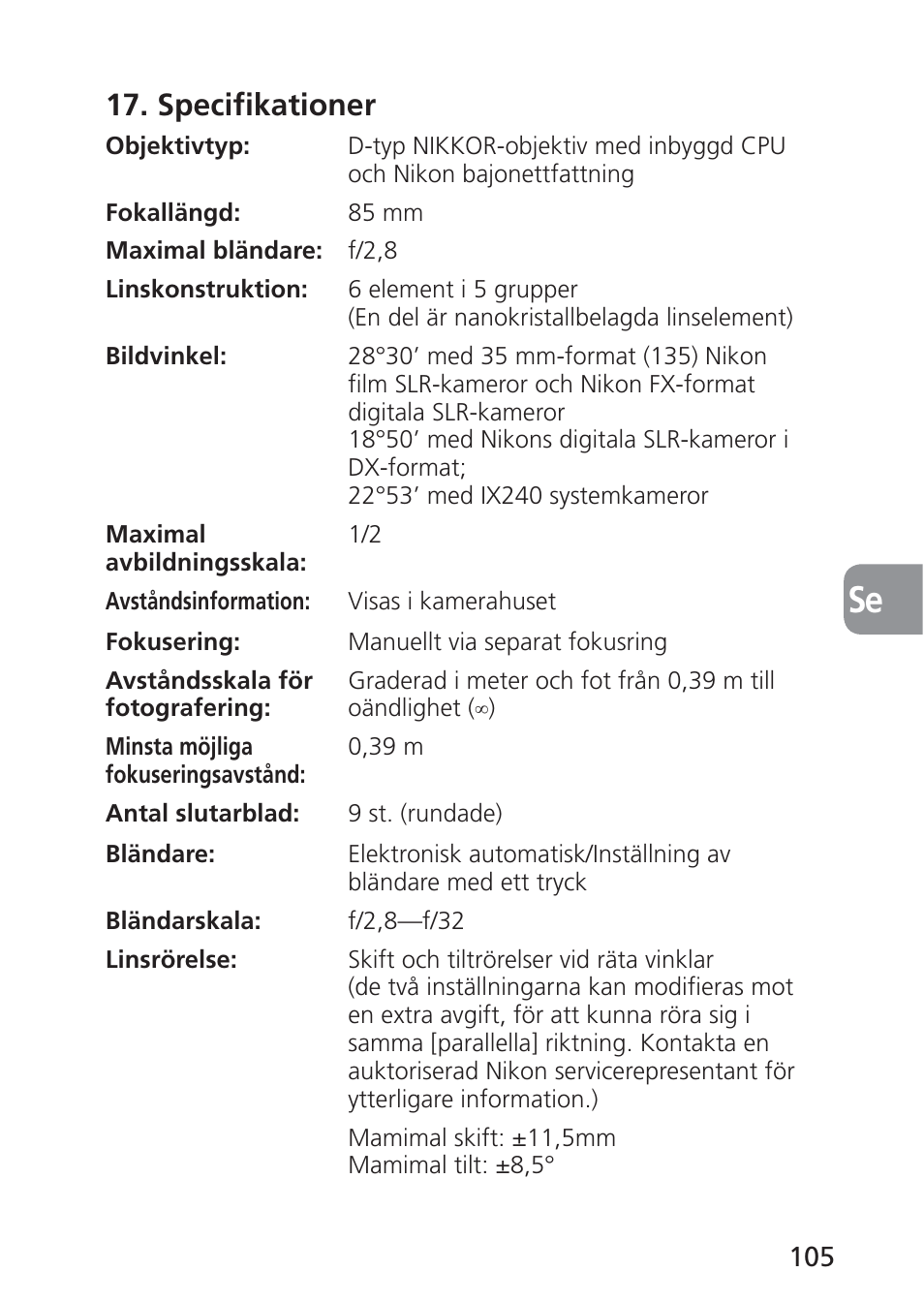 Specifikationer | Nikon 85mm-f-28D-PC-E-Nikkor User Manual | Page 105 / 252