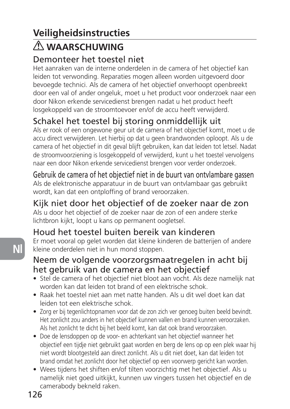 Veiligheidsinstructies, Waarschuwing | Nikon 85mm-f-28D-PC-E-Nikkor User Manual | Page 126 / 252