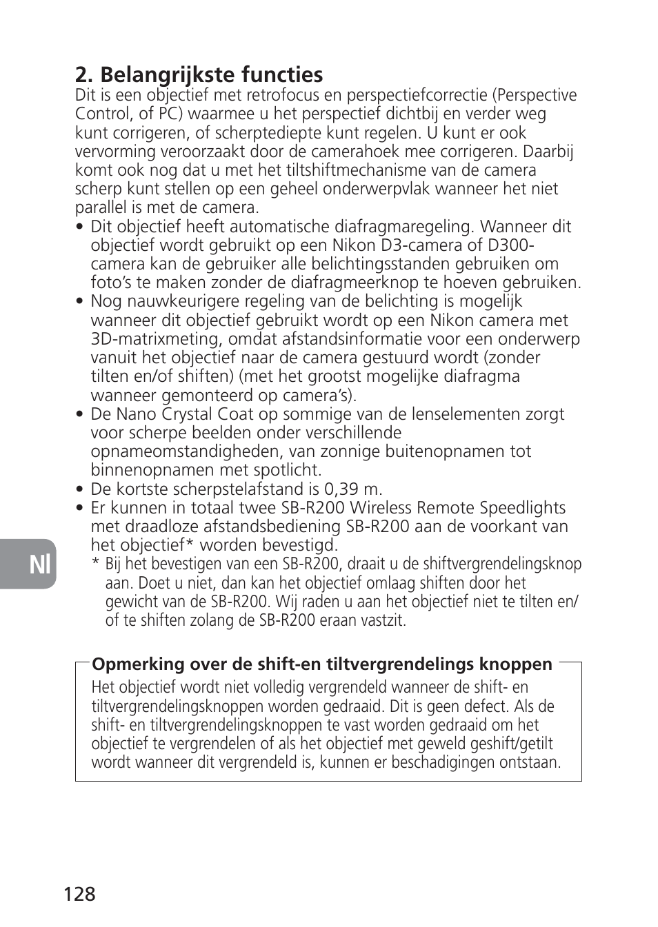 Belangrijkste functies | Nikon 85mm-f-28D-PC-E-Nikkor User Manual | Page 128 / 252