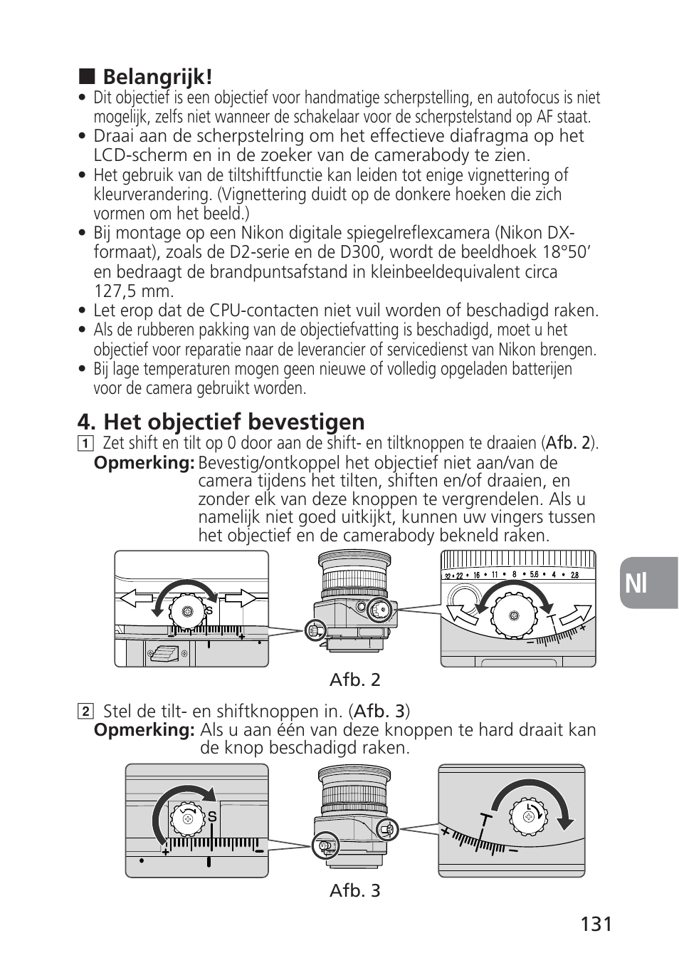 Het objectief bevestigen | Nikon 85mm-f-28D-PC-E-Nikkor User Manual | Page 131 / 252