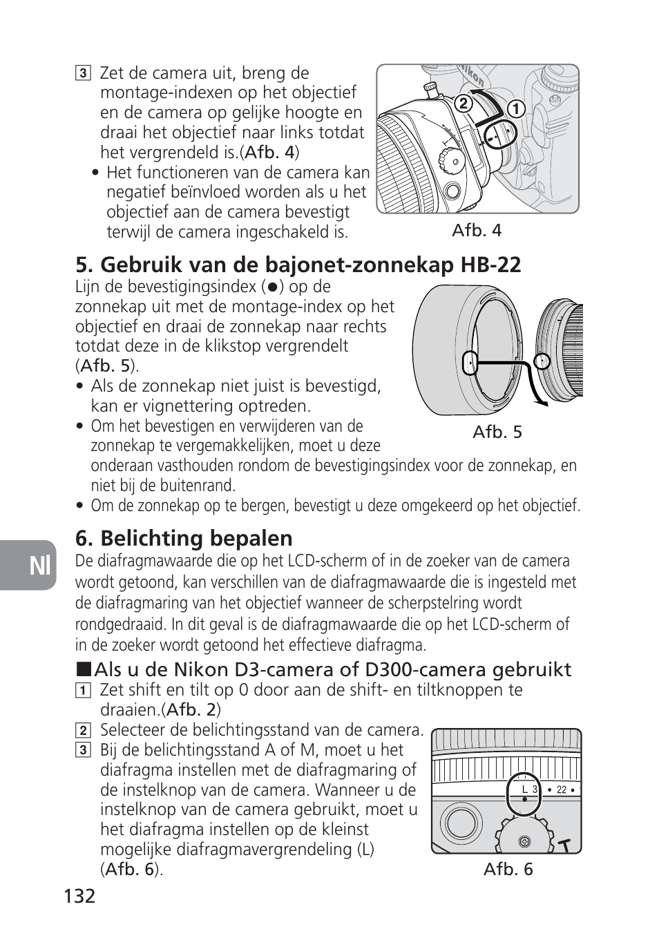 Gebruik van de bajonet-zonnekap hb-22, Belichting bepalen | Nikon 85mm-f-28D-PC-E-Nikkor User Manual | Page 132 / 252
