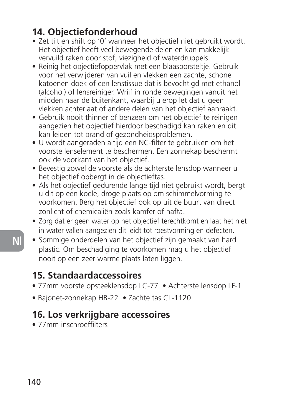 Objectiefonderhoud, Standaardaccessoires, Los verkrijgbare accessoires | Nikon 85mm-f-28D-PC-E-Nikkor User Manual | Page 140 / 252