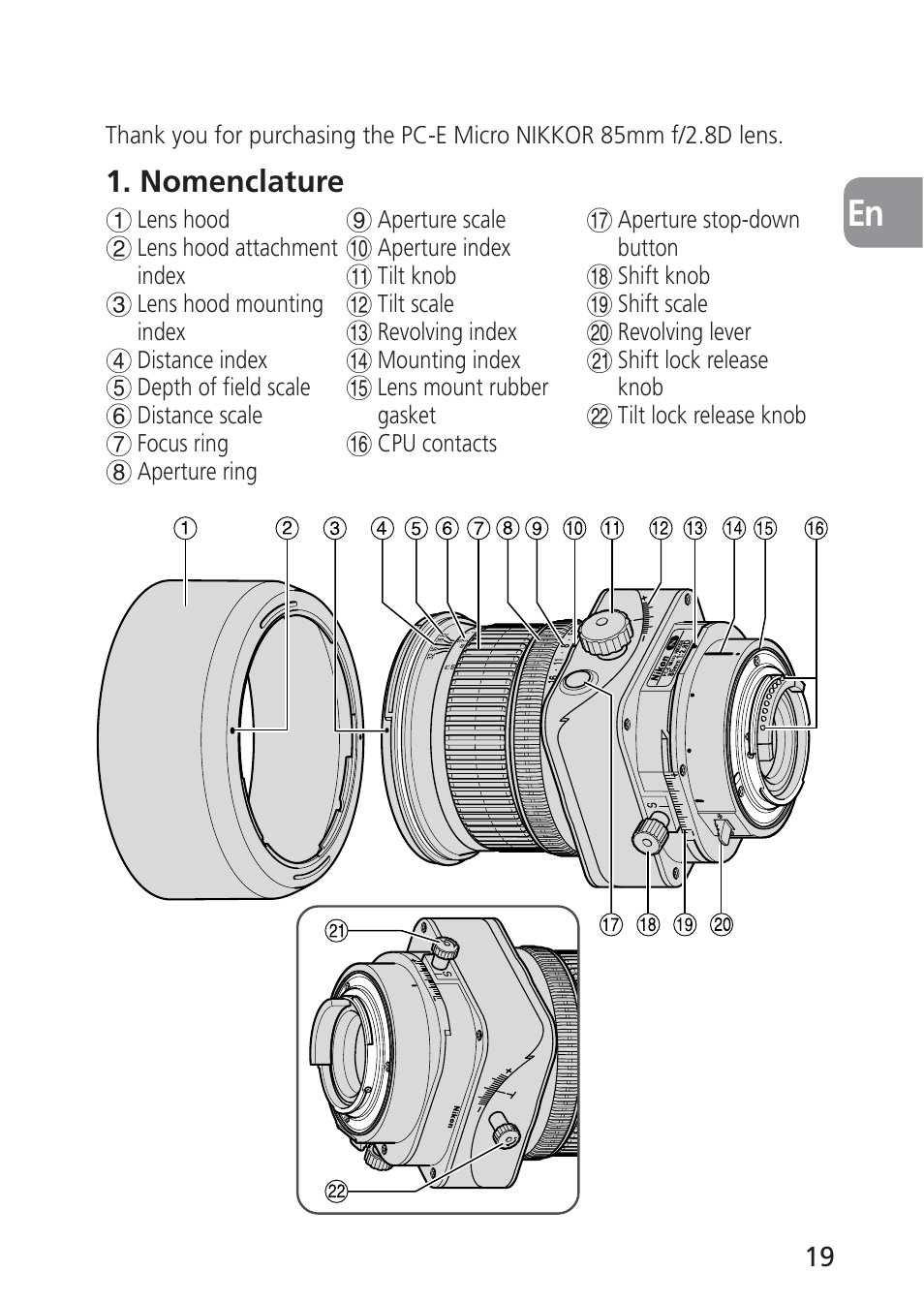 Nomenclature | Nikon 85mm-f-28D-PC-E-Nikkor User Manual | Page 19 / 252