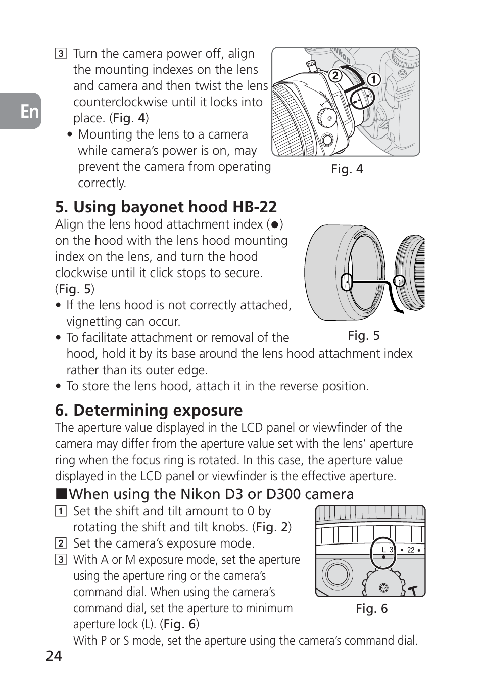 Using bayonet hood hb-22, Determining exposure | Nikon 85mm-f-28D-PC-E-Nikkor User Manual | Page 24 / 252