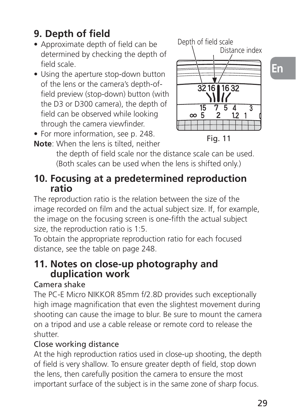 Depth of field, Focusing at a predetermined reproduction ratio | Nikon 85mm-f-28D-PC-E-Nikkor User Manual | Page 29 / 252