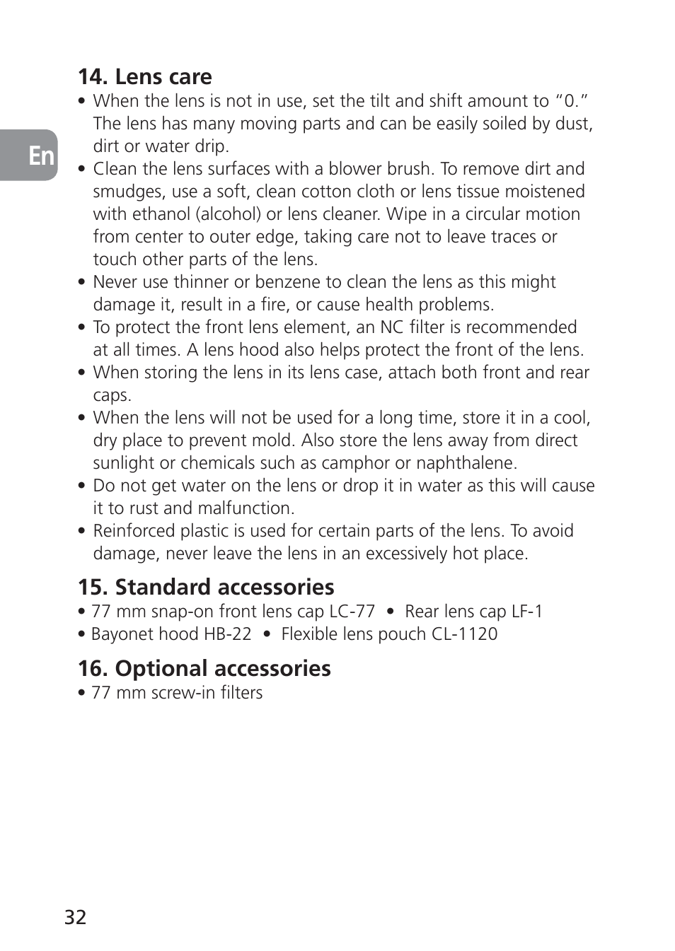Lens care, Standard accessories, Optional accessories | Nikon 85mm-f-28D-PC-E-Nikkor User Manual | Page 32 / 252