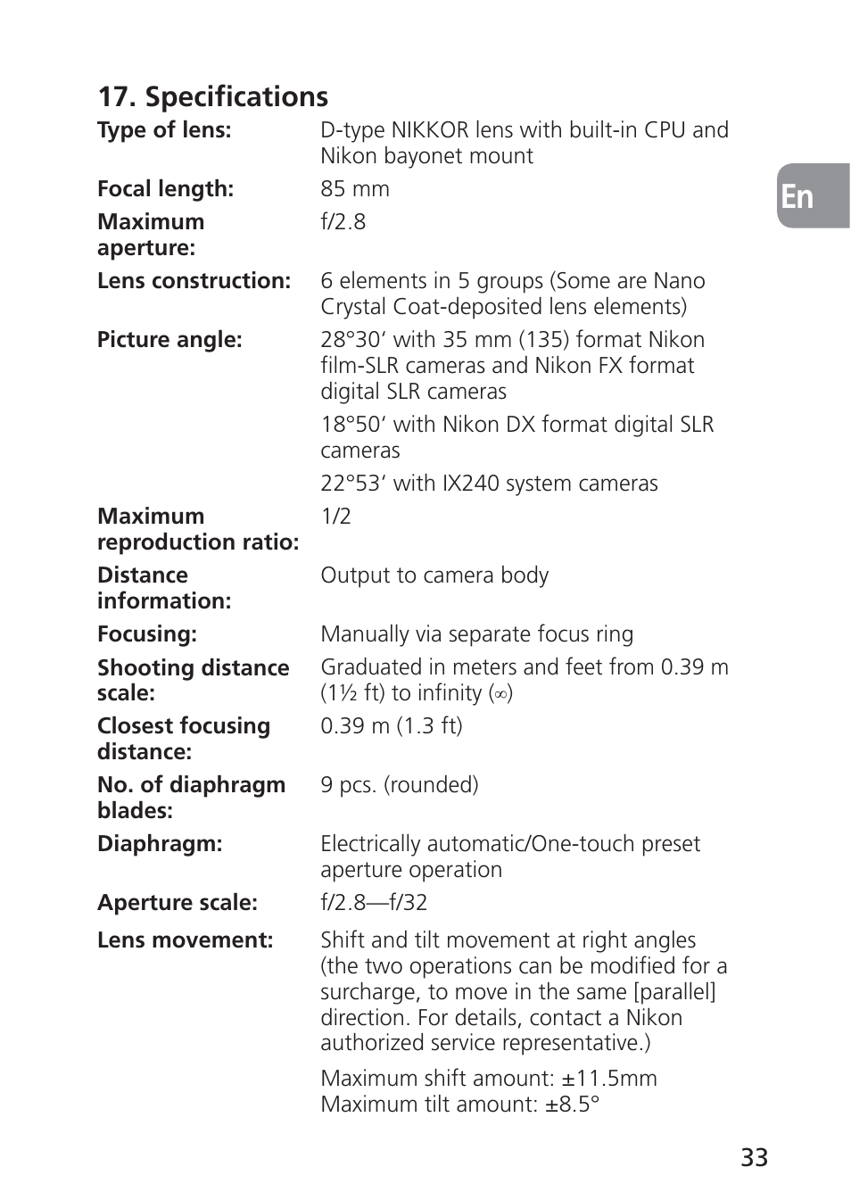 Specifications | Nikon 85mm-f-28D-PC-E-Nikkor User Manual | Page 33 / 252