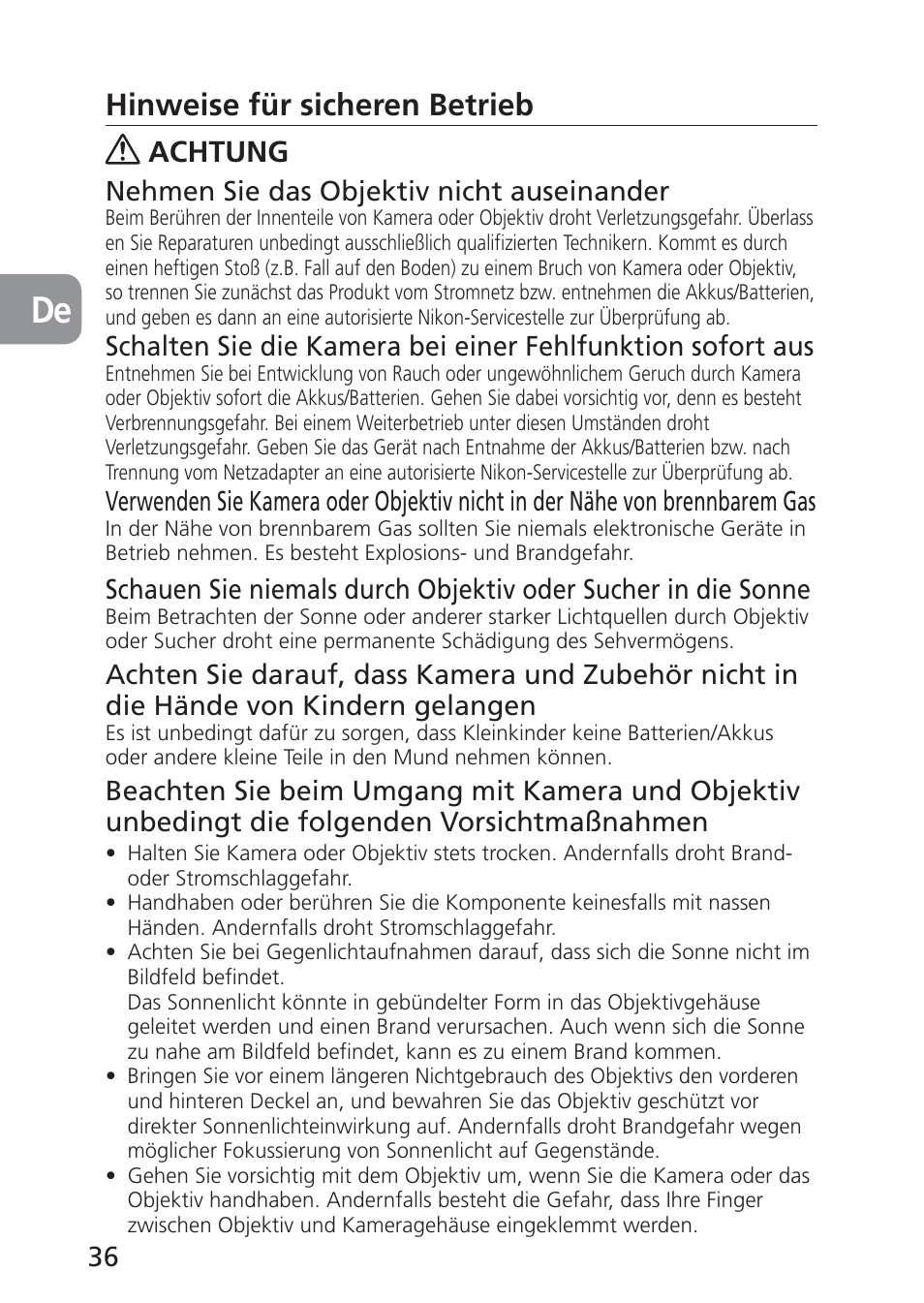 Hinweise für sicheren betrieb, Achtung | Nikon 85mm-f-28D-PC-E-Nikkor User Manual | Page 36 / 252