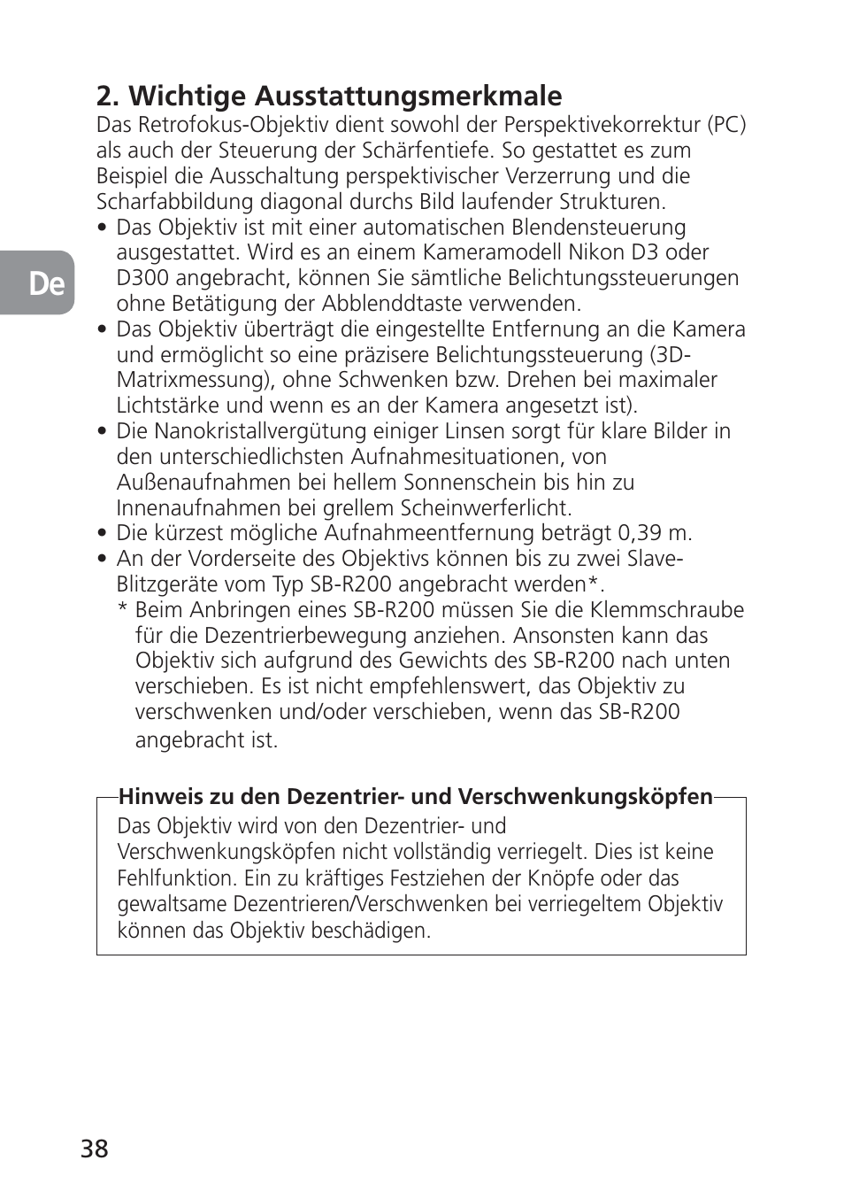 Wichtige ausstattungsmerkmale | Nikon 85mm-f-28D-PC-E-Nikkor User Manual | Page 38 / 252