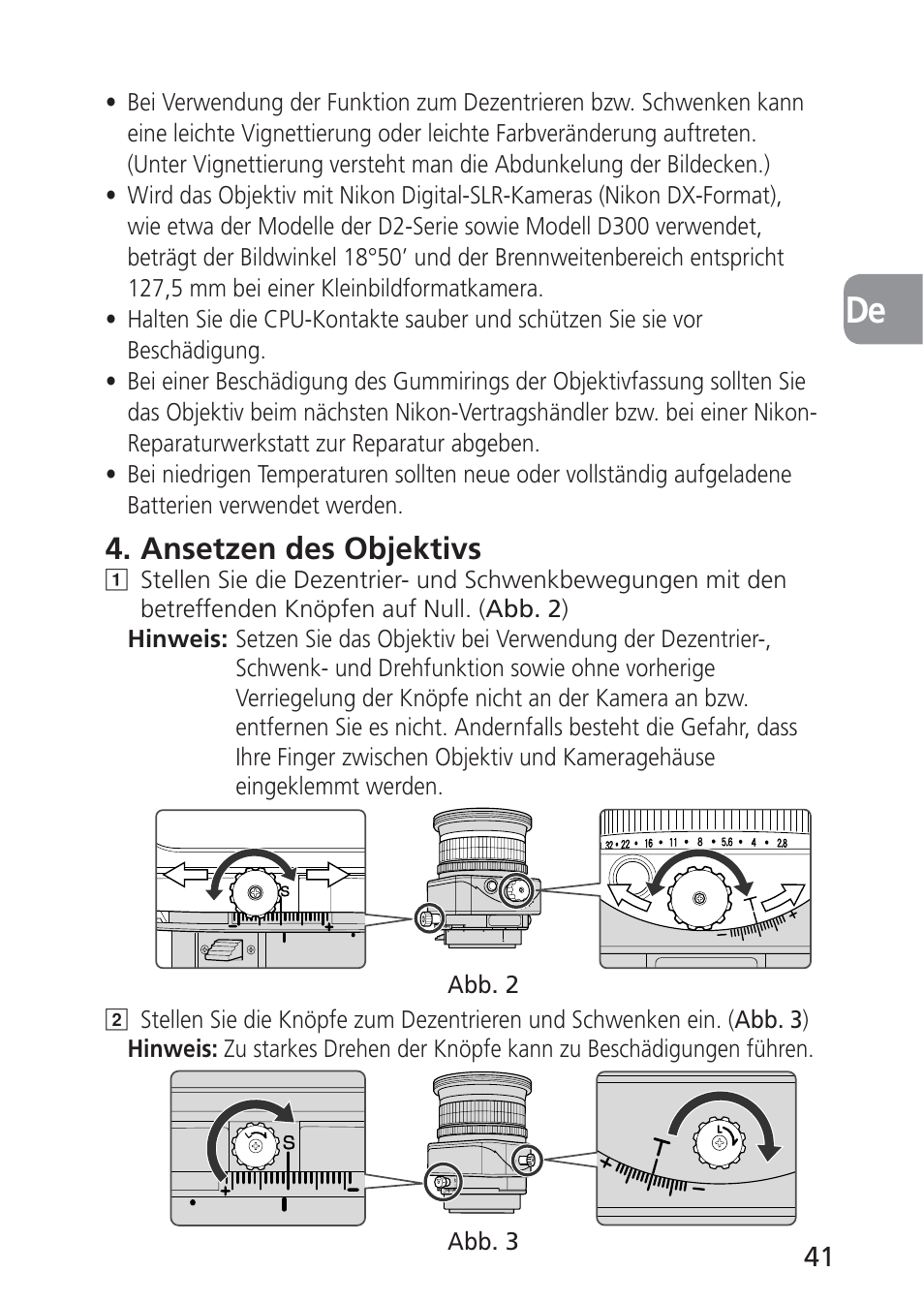 Ansetzen des objektivs | Nikon 85mm-f-28D-PC-E-Nikkor User Manual | Page 41 / 252