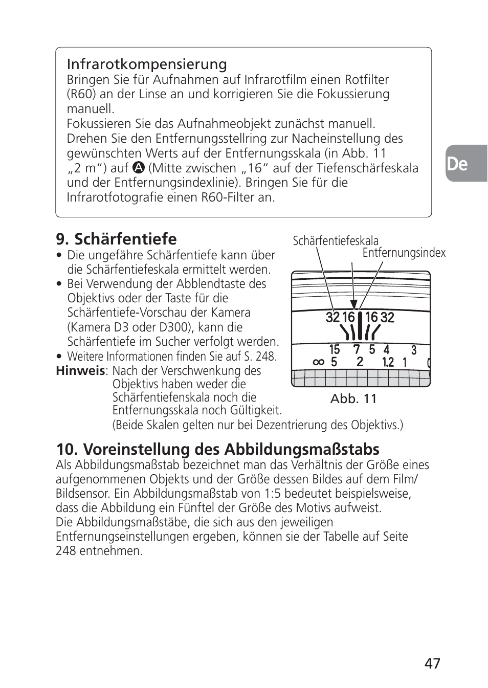Schärfentiefe, Voreinstellung des abbildungsmaßstabs | Nikon 85mm-f-28D-PC-E-Nikkor User Manual | Page 47 / 252