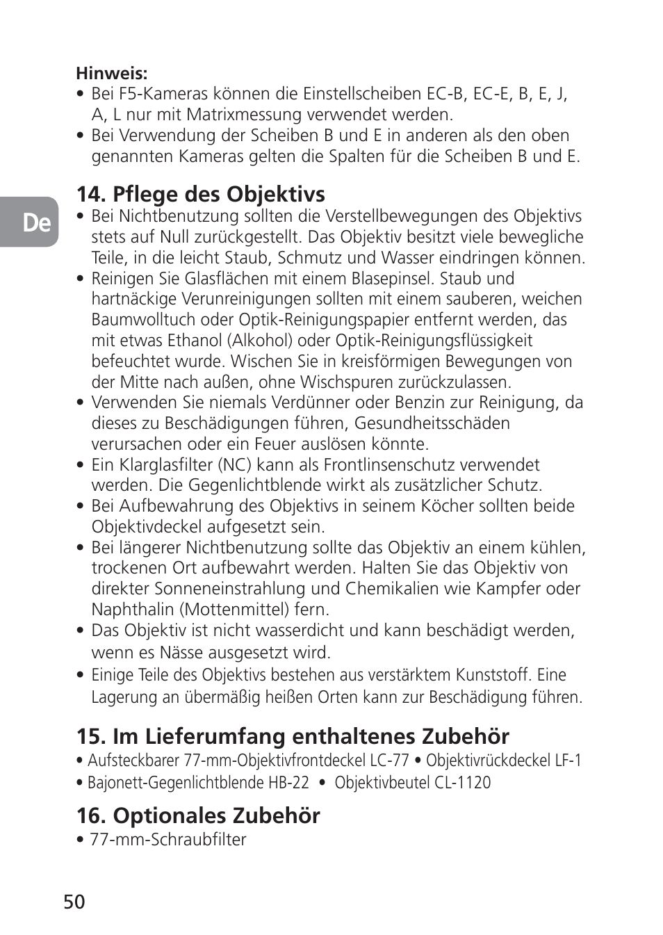 Pflege des objektivs, Im lieferumfang enthaltenes zubehör, Optionales zubehör | Nikon 85mm-f-28D-PC-E-Nikkor User Manual | Page 50 / 252