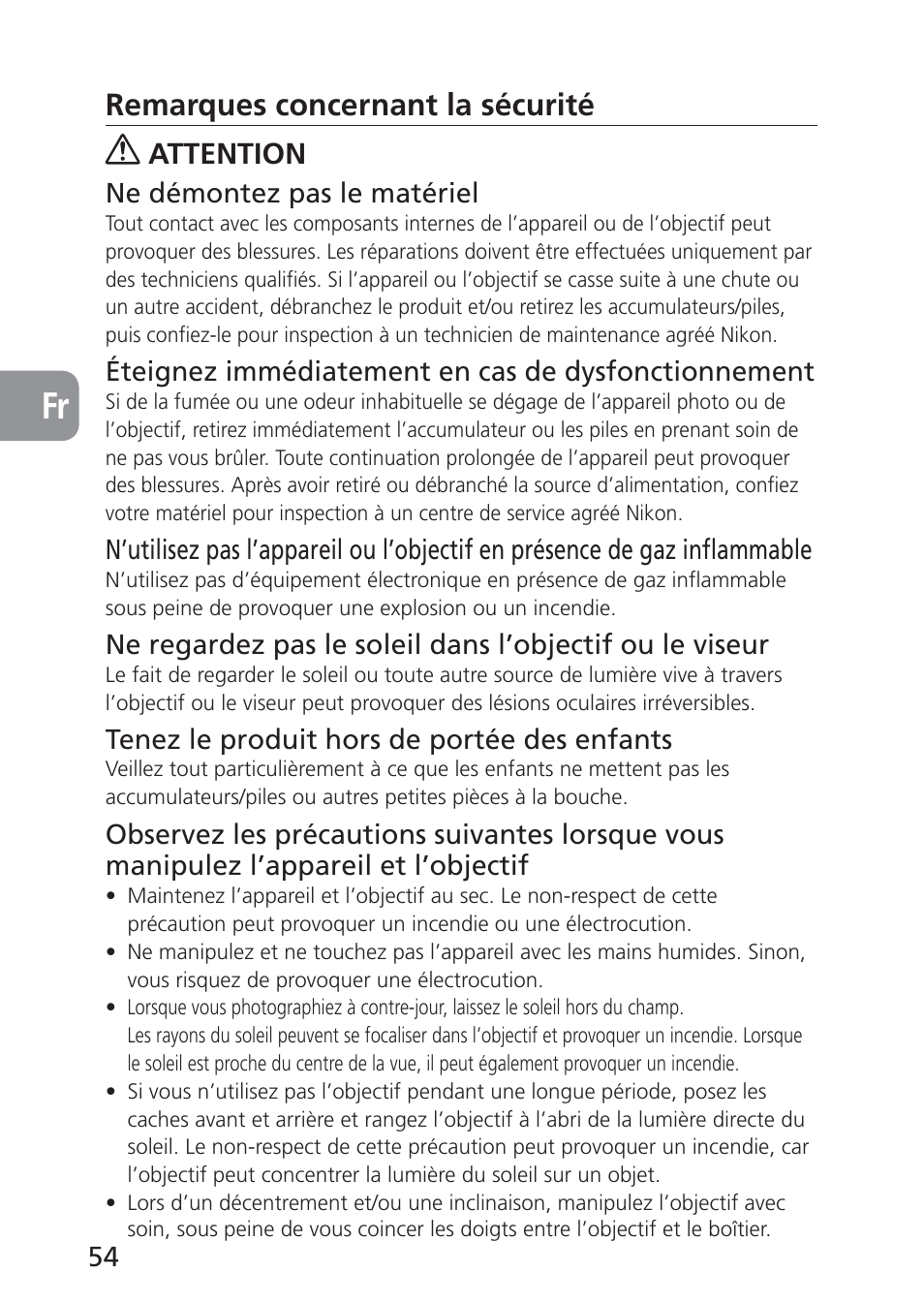 Remarques concernant la sécurité, Attention | Nikon 85mm-f-28D-PC-E-Nikkor User Manual | Page 54 / 252