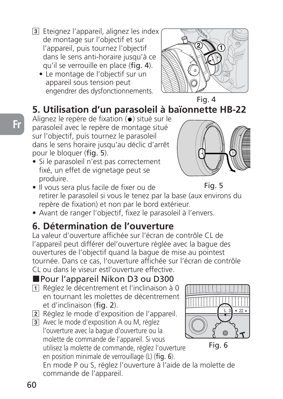 Utilisation d’un parasoleil à baïonnette hb-22, Détermination de l’ouverture | Nikon 85mm-f-28D-PC-E-Nikkor User Manual | Page 60 / 252