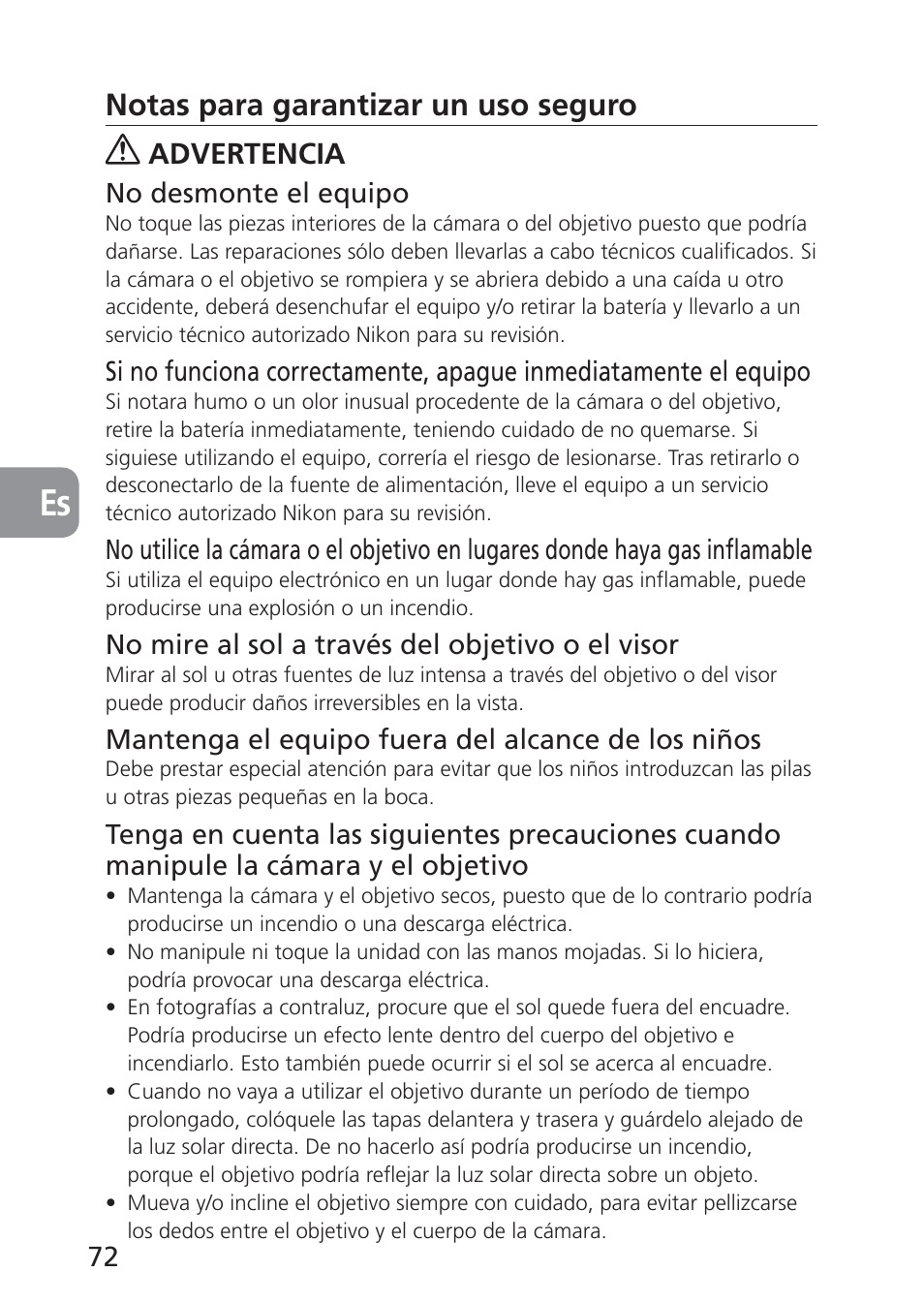 Notas para garantizar un uso seguro, Advertencia | Nikon 85mm-f-28D-PC-E-Nikkor User Manual | Page 72 / 252