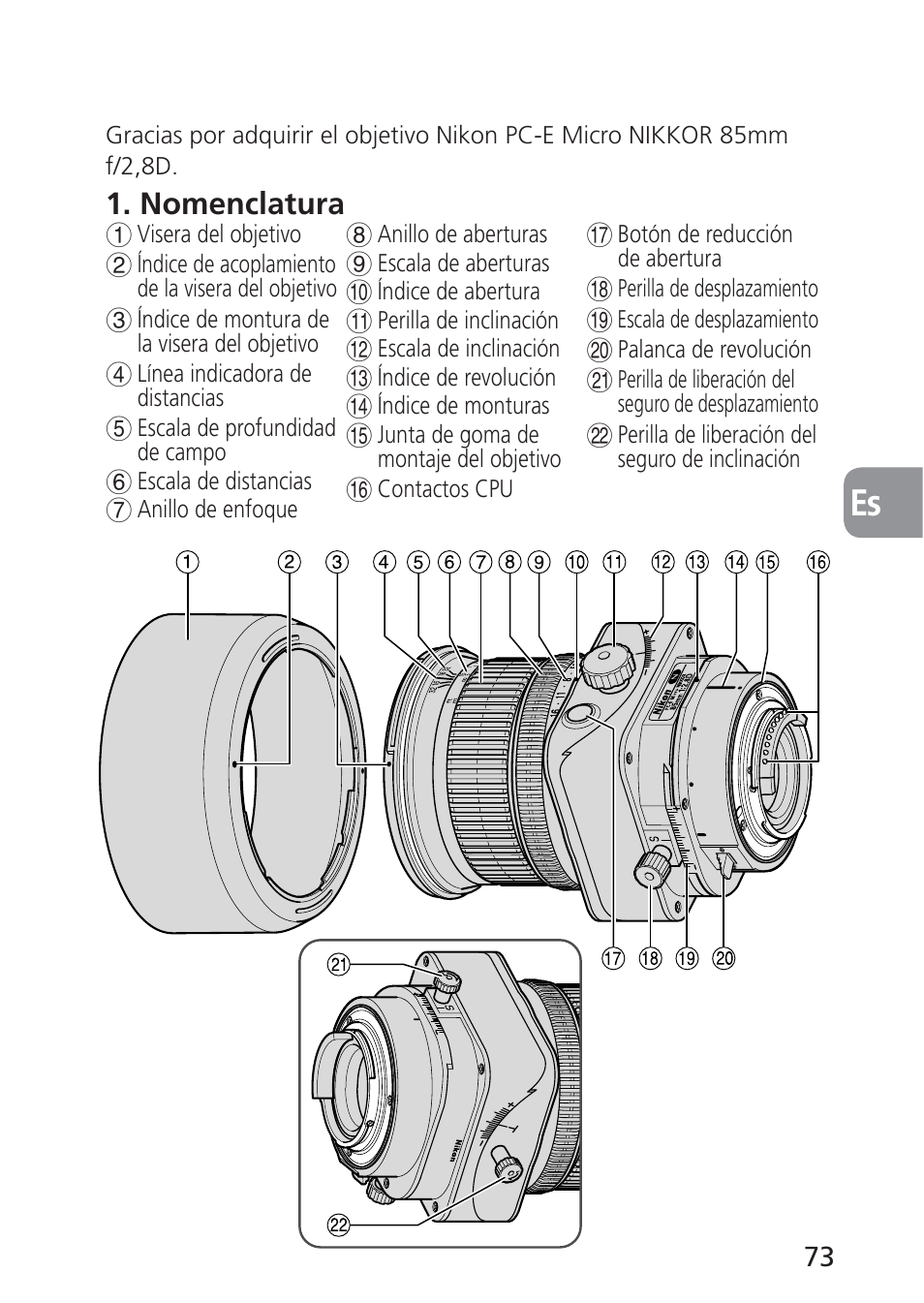 Nomenclatura | Nikon 85mm-f-28D-PC-E-Nikkor User Manual | Page 73 / 252