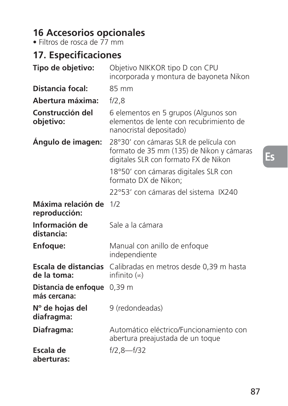16 accesorios opcionales, Especificaciones | Nikon 85mm-f-28D-PC-E-Nikkor User Manual | Page 87 / 252