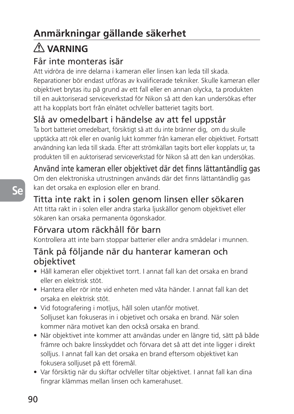 Anmärkningar gällande säkerhet, Varning | Nikon 85mm-f-28D-PC-E-Nikkor User Manual | Page 90 / 252