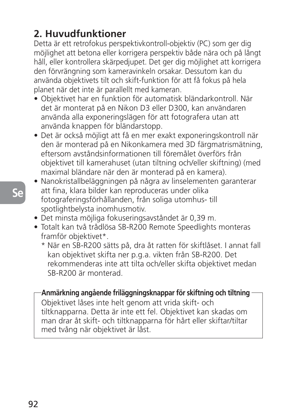 Huvudfunktioner | Nikon 85mm-f-28D-PC-E-Nikkor User Manual | Page 92 / 252