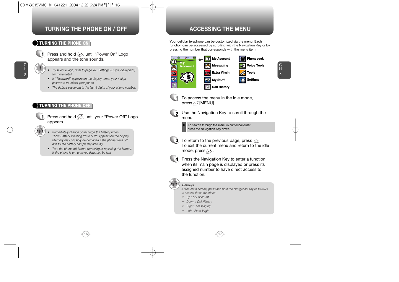 Accessing the menu, Turning the phone on / off | Audiovox CDM-8615 User Manual | Page 10 / 66