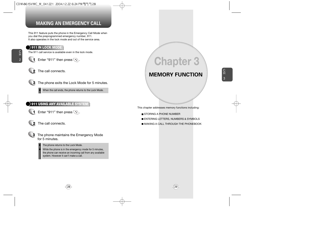 Chapter 3, Making an emergency call | Audiovox CDM-8615 User Manual | Page 16 / 66