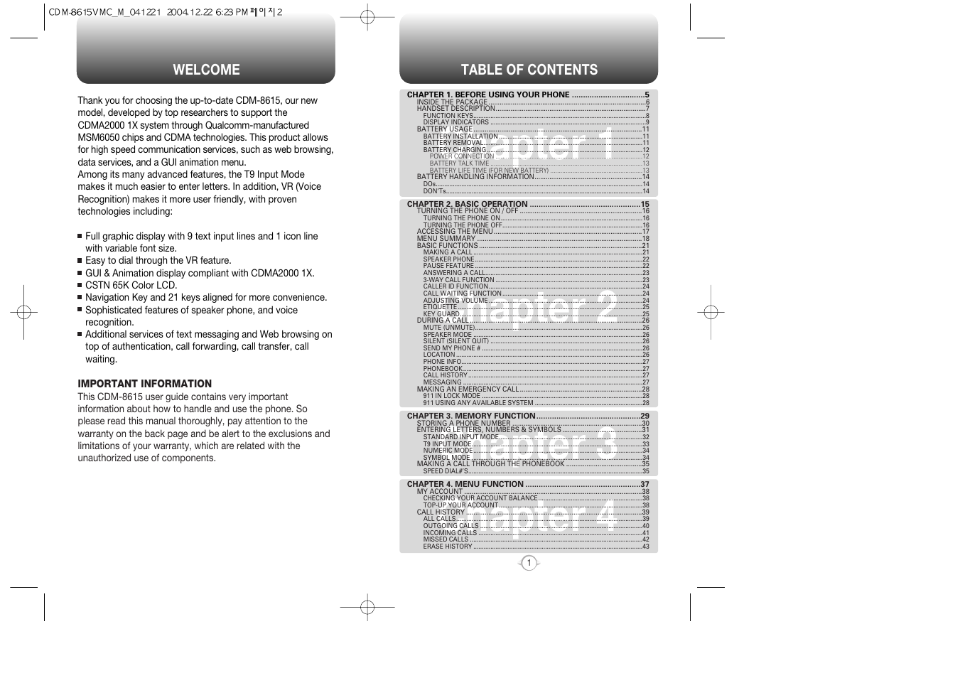 Chapter 1 chapter 2 chapter 3 chapter 4 | Audiovox CDM-8615 User Manual | Page 2 / 66