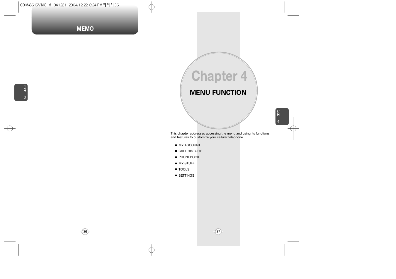 Chapter 4, Menu function | Audiovox CDM-8615 User Manual | Page 20 / 66