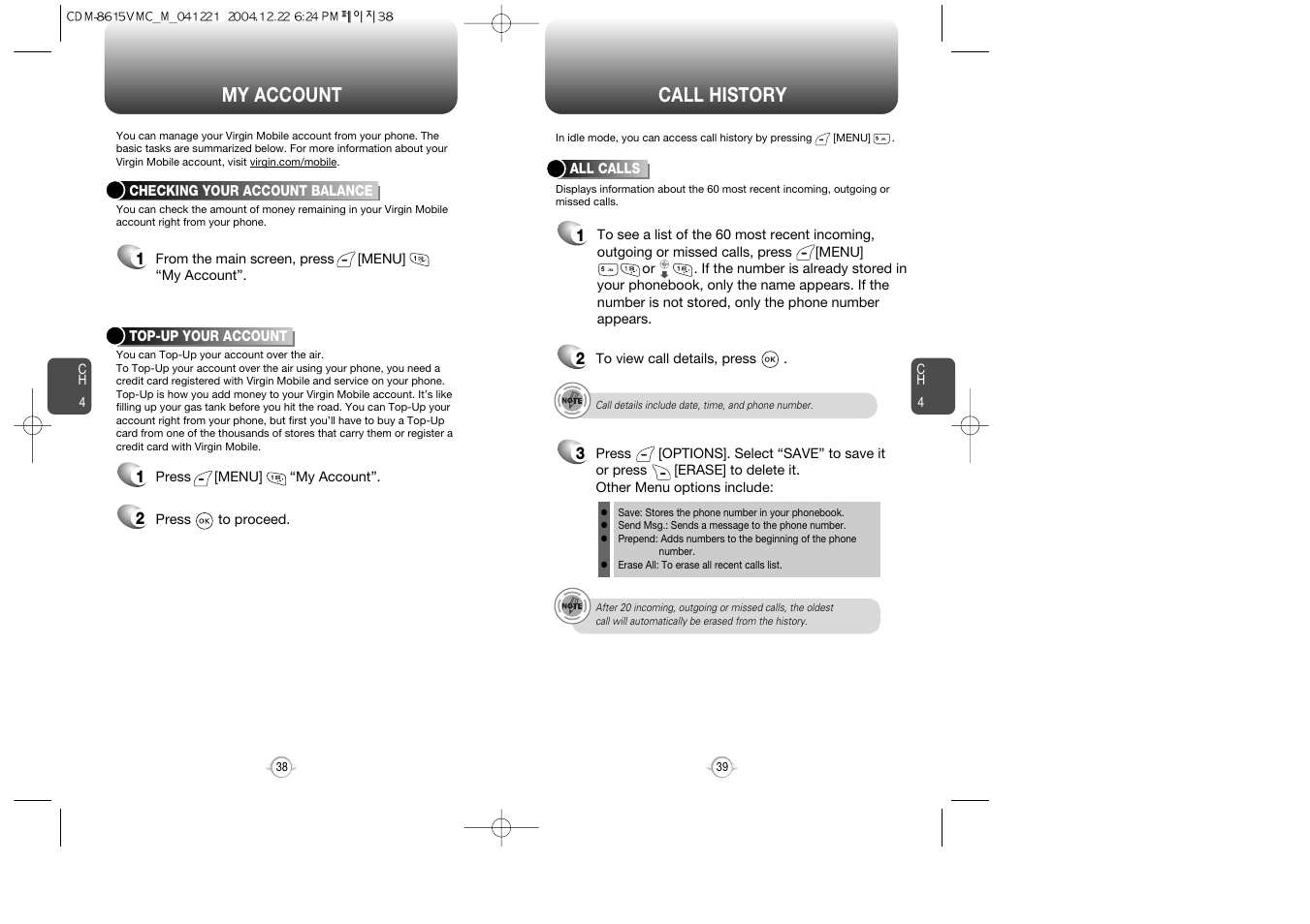 Call history, My account | Audiovox CDM-8615 User Manual | Page 21 / 66