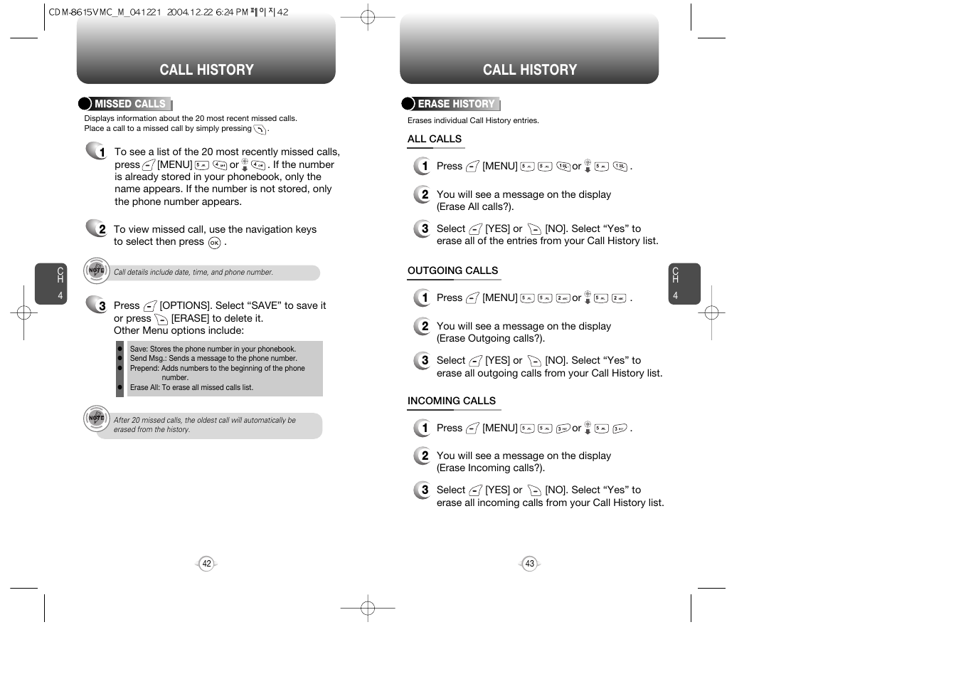 Call history | Audiovox CDM-8615 User Manual | Page 23 / 66
