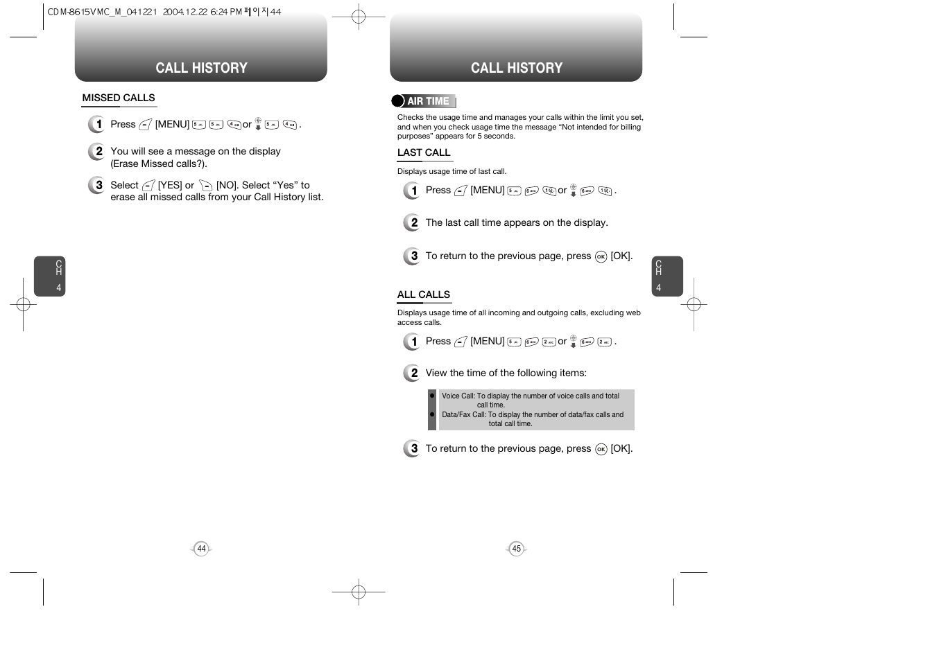 Call history | Audiovox CDM-8615 User Manual | Page 24 / 66