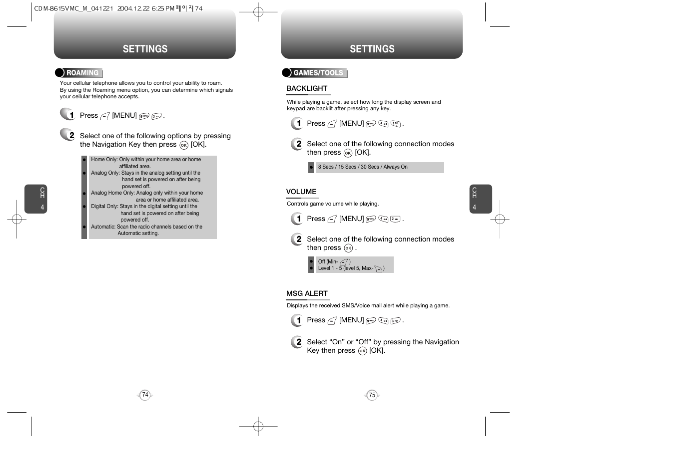 Settings | Audiovox CDM-8615 User Manual | Page 39 / 66